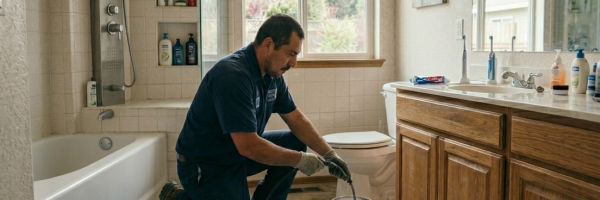 OKC plumber providing bathroom drain cleaning in Oklahoma City, OK to remove hair clogs and soap scum from a bathtub.