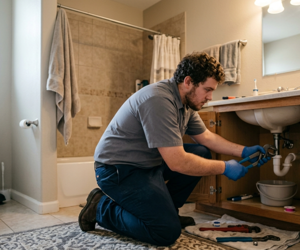 Residential plumber Oklahoma City repairing bathroom sink plumbing and pipes under cabinet.