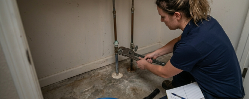 Plumber Edmond OK – Professional plumber using a pipe wrench for emergency gas line repair