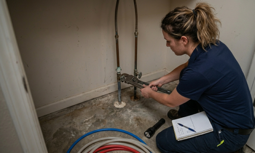 Plumber Edmond OK – Professional plumber using a pipe wrench for emergency gas line repair