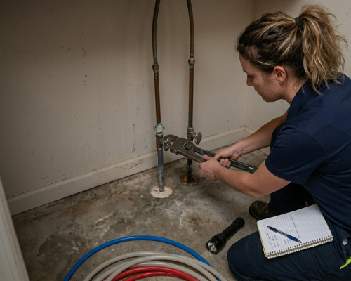 Plumber Edmond OK – Professional plumber using a pipe wrench for emergency gas line repair