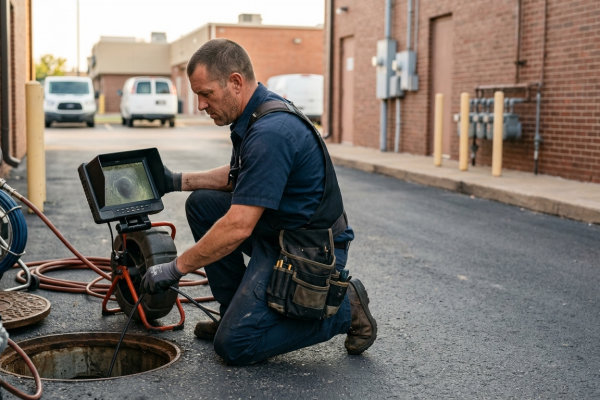 Plumber using a camera inspection tool during a water heater repair Oklahoma City OK service call to check related lines.