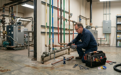 A plumber installing new copper and PVC lines as part of a full sewer line repair Oklahoma City OK project. Caption: When repairs aren't enough, we provide full-service sewer line repair Oklahoma City OK with long-lasting materials.