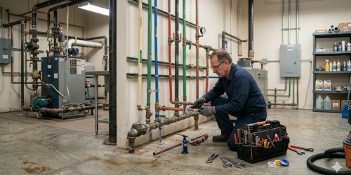 A plumber installing new copper and PVC lines as part of a full sewer line repair Oklahoma City OK project. Caption: When repairs aren't enough, we provide full-service sewer line repair Oklahoma City OK with long-lasting materials.
