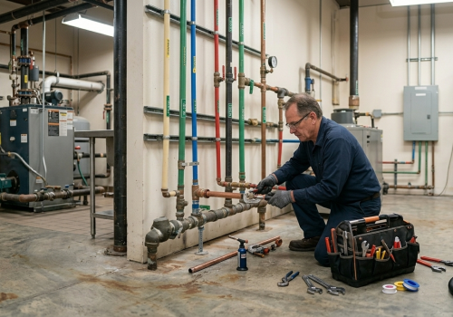 A plumber installing new copper and PVC lines as part of a full sewer line repair Oklahoma City OK project. Caption: When repairs aren't enough, we provide full-service sewer line repair Oklahoma City OK with long-lasting materials.