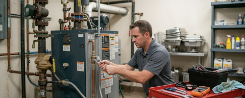 Experienced technician inspecting complex water lines for water heater repair Oklahoma City OK to fix inconsistent shower temperatures.