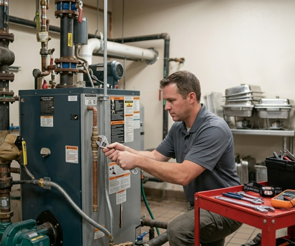 Experienced technician inspecting complex water lines for water heater repair Oklahoma City OK to fix inconsistent shower temperatures.