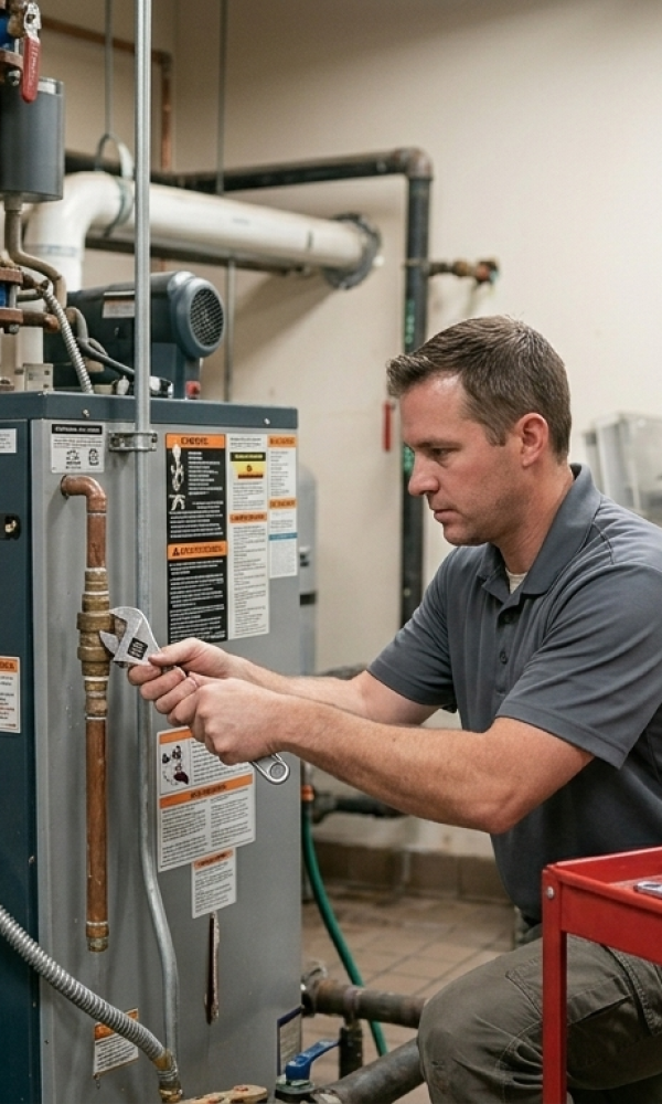 Experienced technician inspecting complex water lines for water heater repair Oklahoma City OK to fix inconsistent shower temperatures.