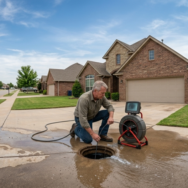 A professional residential plumber in Oklahoma City performing a sewer camera inspection and drain cleaning service outside a suburban home.