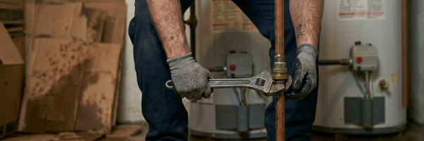 Professional plumber in Oklahoma City repairing a gas line connection on a water heater using a wrench.