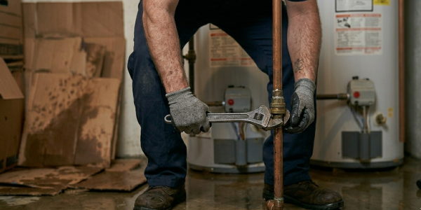 Professional plumber in Oklahoma City repairing a gas line connection on a water heater using a wrench.