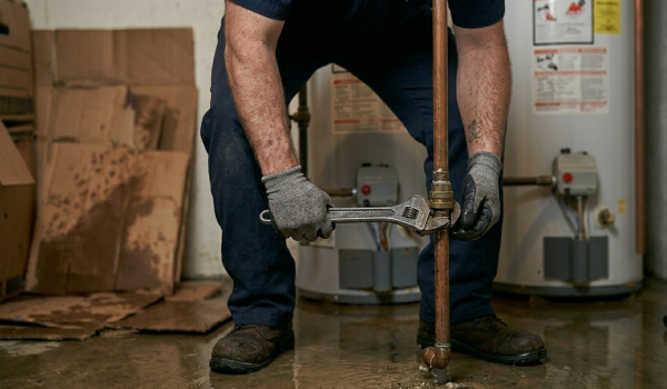 Professional plumber in Oklahoma City repairing a gas line connection on a water heater using a wrench.