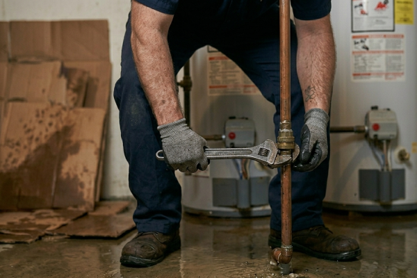 Professional plumber in Oklahoma City repairing a gas line connection on a water heater using a wrench.
