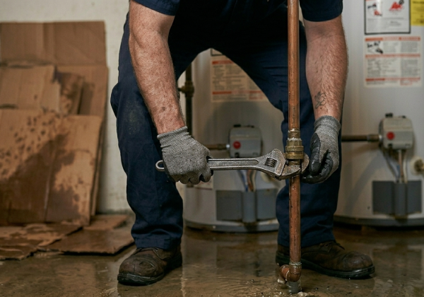 Professional plumber in Oklahoma City repairing a gas line connection on a water heater using a wrench.