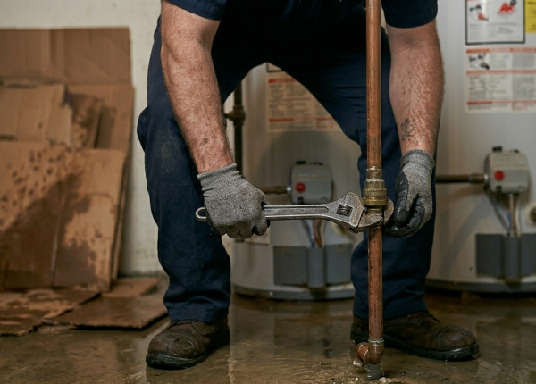 Professional plumber in Oklahoma City repairing a gas line connection on a water heater using a wrench.