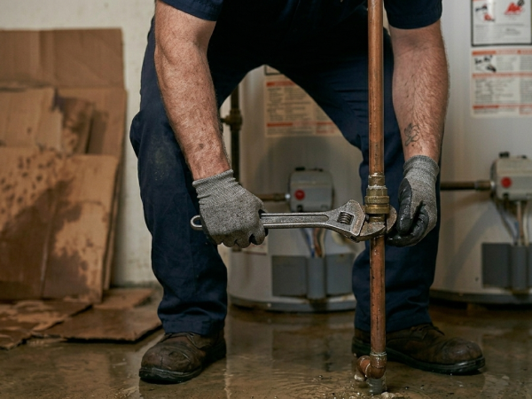 Professional plumber in Oklahoma City repairing a gas line connection on a water heater using a wrench.