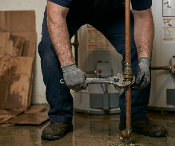 Professional plumber in Oklahoma City repairing a gas line connection on a water heater using a wrench.