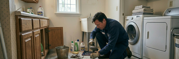 Plumber cleaning a floor drain in a laundry room in Oklahoma City, OK to prevent basement flooding.