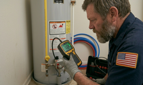 Professional plumber Mustang OK City verifying a leak detection gas line installation for code compliance and permit approval.