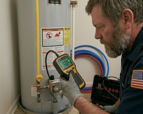 Professional plumber Mustang OK City verifying a leak detection gas line installation for code compliance and permit approval.