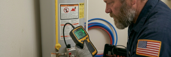 Professional plumber Mustang OK City verifying a leak detection gas line installation for code compliance and permit approval.