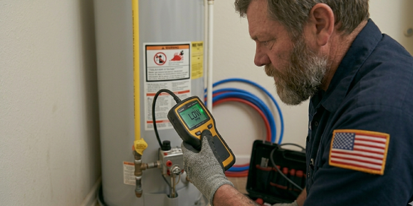 Professional plumber Mustang OK City verifying a leak detection gas line installation for code compliance and permit approval.
