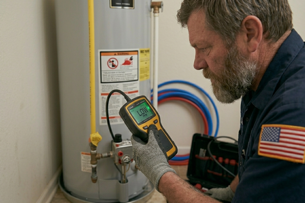 Professional plumber Mustang OK City verifying a leak detection gas line installation for code compliance and permit approval.