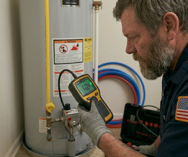 Professional plumber Mustang OK City verifying a leak detection gas line installation for code compliance and permit approval.