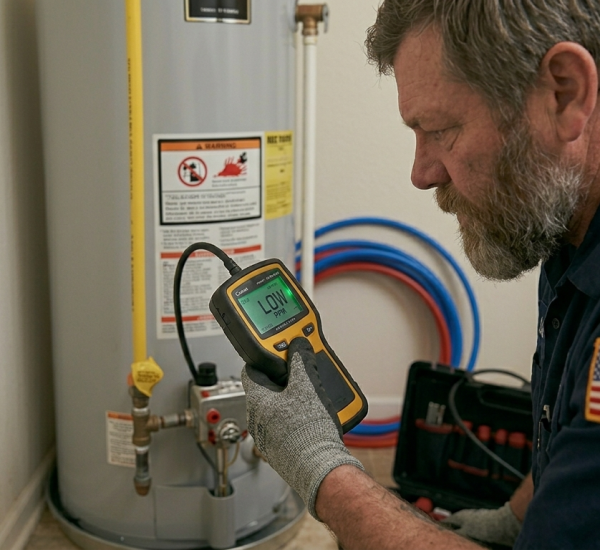 Professional plumber Mustang OK City verifying a leak detection gas line installation for code compliance and permit approval.