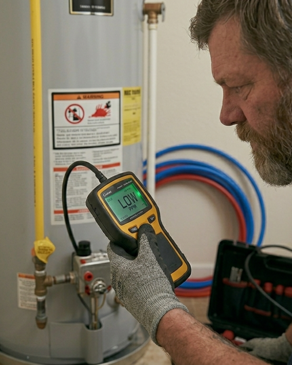 Professional plumber Mustang OK City verifying a leak detection gas line installation for code compliance and permit approval.