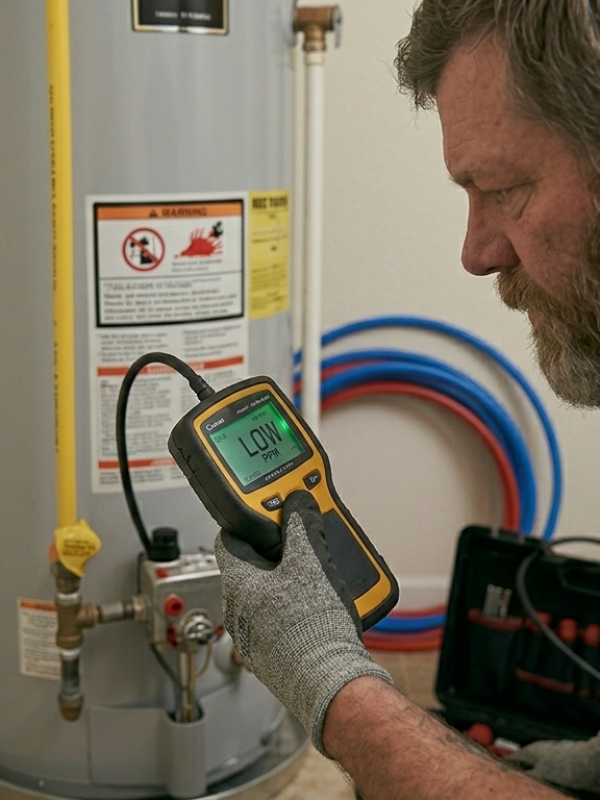 Professional plumber Mustang OK City verifying a leak detection gas line installation for code compliance and permit approval.