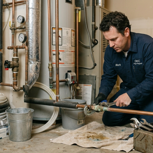 Professional residential plumber Oklahoma City repairing copper pipes and a water heater system in a local home.