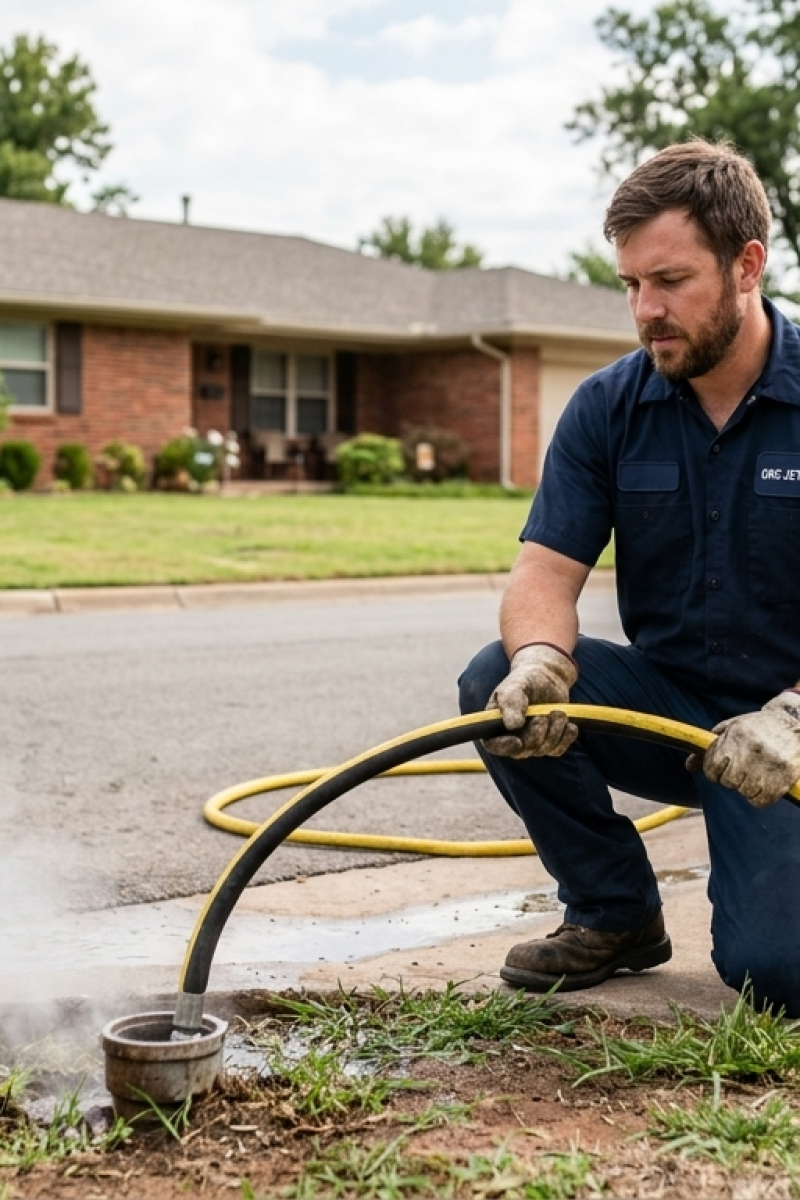 A professional plumber using high-pressure hydro jetting equipment at a residential property to clear recurring clogs.