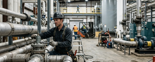 Technician in a hard hat performing water heater repair Oklahoma City OK on a high-capacity industrial system not reaching set temperatures.