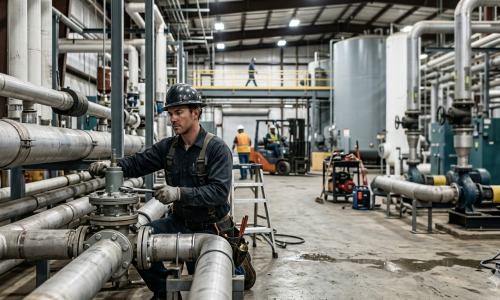 Technician in a hard hat performing water heater repair Oklahoma City OK on a high-capacity industrial system not reaching set temperatures.