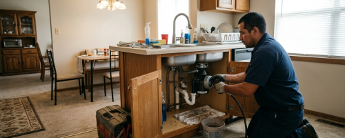 Professional plumber performing kitchen drain cleaning in Oklahoma City, OK to remove grease and food buildup under a sink.