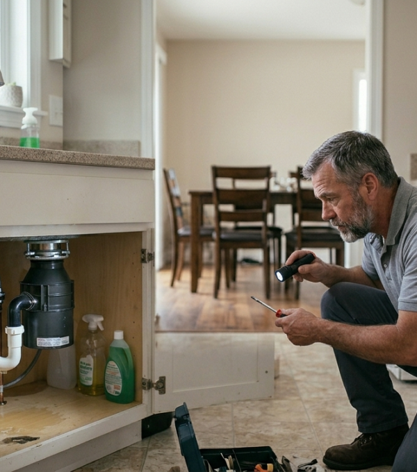 A residential plumber in Oklahoma City using a flashlight to perform advanced leak detection under a kitchen sink.