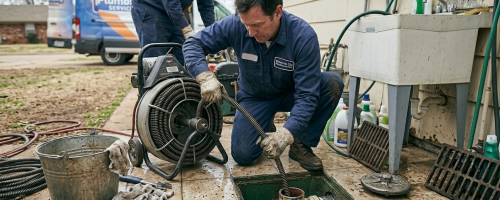 Professional main sewer line cleaning in Oklahoma City, OK using video camera inspection and high-powered tools to remove tree root infiltrations.
