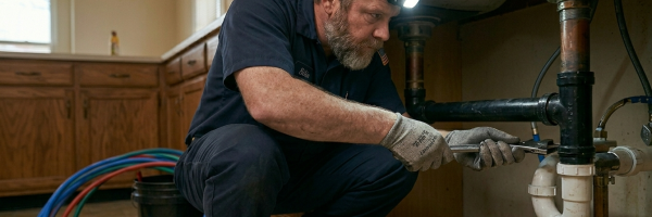 24/7 emergency plumber Oklahoma City OK using professional tools to clear a major kitchen drain blockage.