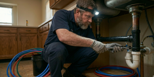 24/7 emergency plumber Oklahoma City OK using professional tools to clear a major kitchen drain blockage.