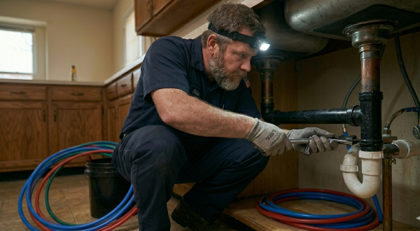 24/7 emergency plumber Oklahoma City OK using professional tools to clear a major kitchen drain blockage.