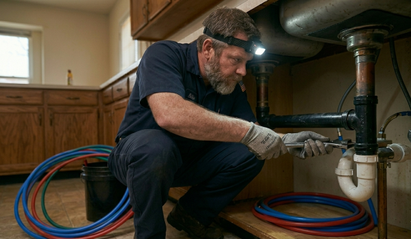 24/7 emergency plumber Oklahoma City OK using professional tools to clear a major kitchen drain blockage.