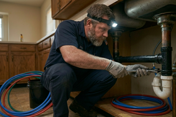 24/7 emergency plumber Oklahoma City OK using professional tools to clear a major kitchen drain blockage.