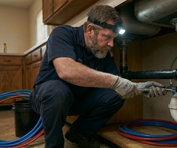 24/7 emergency plumber Oklahoma City OK using professional tools to clear a major kitchen drain blockage.