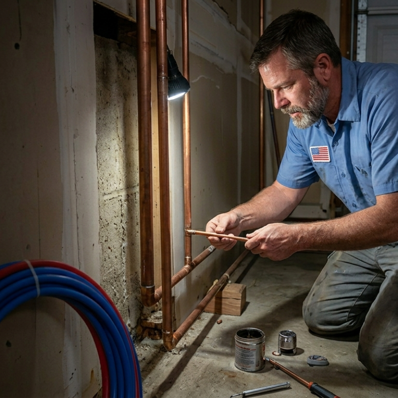 A professional residential plumber in Oklahoma City inspecting copper pipe fittings for corrosion and hidden leaks in a home's plumbing system.