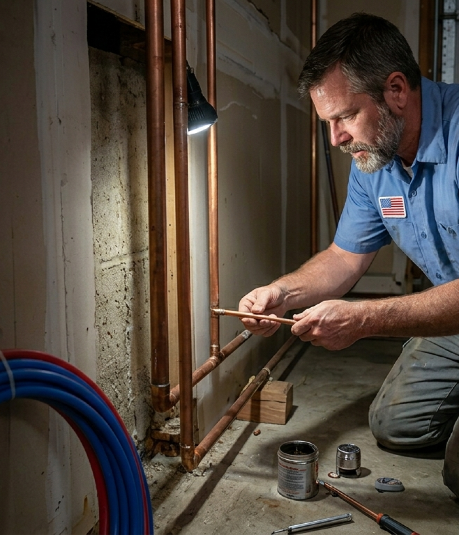 A professional residential plumber in Oklahoma City inspecting copper pipe fittings for corrosion and hidden leaks in a home's plumbing system.