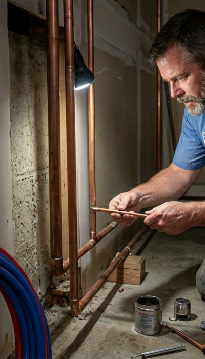 A plumber performing a toilet repair Oklahoma City OK by inspecting the bathroom floor and base for leaks.