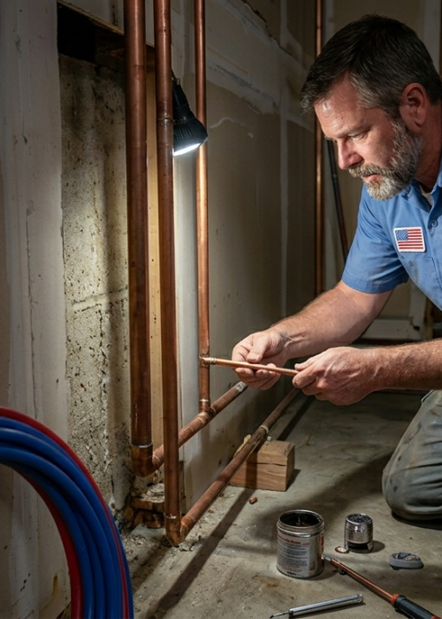 A plumber performing a toilet repair Oklahoma City OK by inspecting the bathroom floor and base for leaks.
