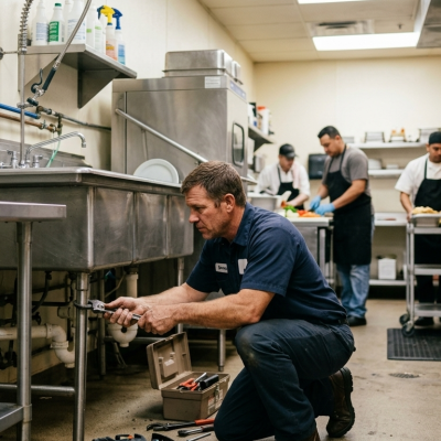 Expert sewer line repair Oklahoma City OK being performed under a commercial kitchen sink to resolve heavy-duty blockages.
