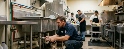 Expert sewer line repair Oklahoma City OK being performed under a commercial kitchen sink to resolve heavy-duty blockages.